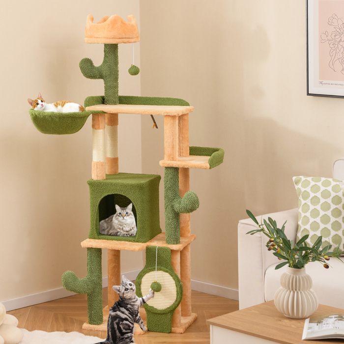 Meilleurs prix pour GOPLUS Arbre à Chat Cactus Haut 160 cm, Meuble à 5 Niveaux avec Griffoirs en Sisal, Tour pour Chat avec 2 Boules Suspendues