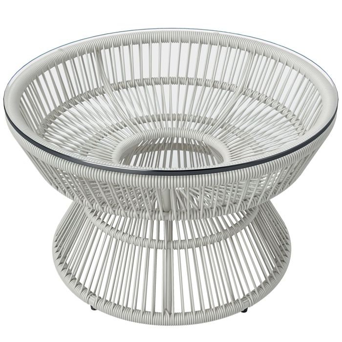 Table basse de jardin - Outsunny - ronde - en résine aspect rotin et plateau verre trempé - Ø 60 x 37 cm - gris clair