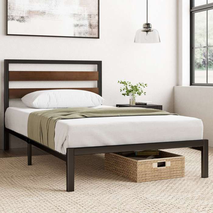 Lit Simple Zinus Leah 90x190cm - Cadre Bambou Avec Tête De Lit Blanche, Hauteur 36cm