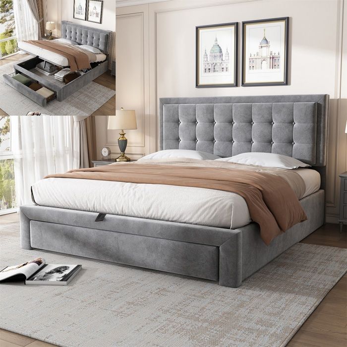 Lit coffre 140x190 cm - Gris - Rembourré - 2 tiroirs - Sommier à lattes - Design contemporain