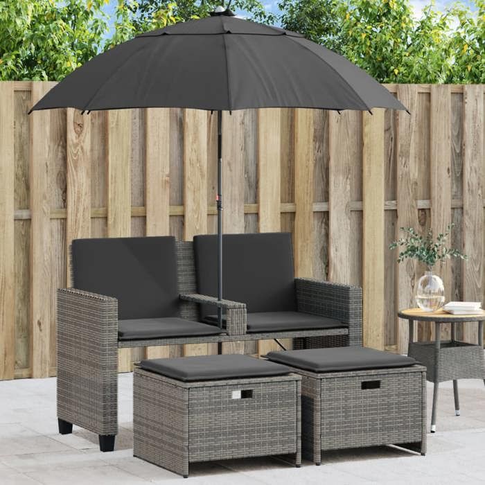 SALE 2025Sofa canapé de patio/Canapé de jardin 2 places avec parasol et tabourets gris rotin - 120x61x80 cm 22 Kg 9271