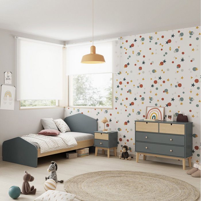 KAINA - Pack Lit 90x190cm + Chevet 2 Tiroirs + Commode 4T Coloris Gris et Naturel KAINA - Pack Lit 90x190cm + Chevet 2 Tiroirs + Commode 4T Coloris Gris et Naturel