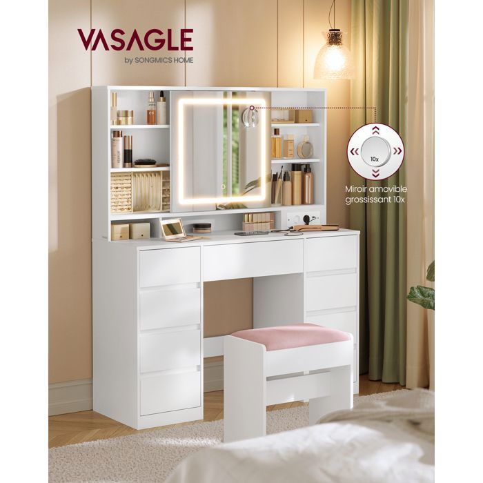Coiffeuse avec Miroir LED Multiprise 9 Tiroirs Miroir Grossissant Loupe 10x Tabouret Blanc Nuage
