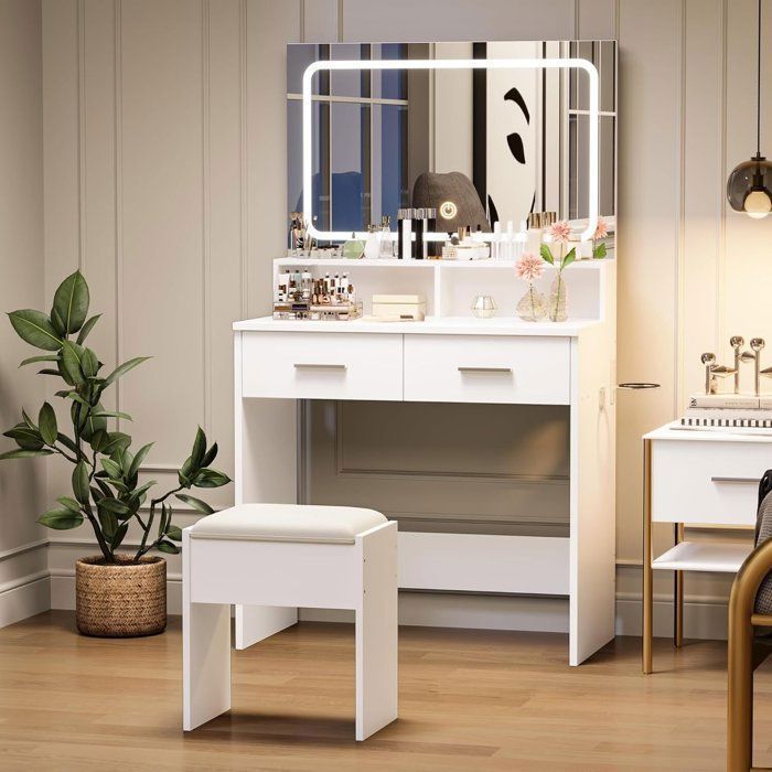Coiffeuse avec Miroir et Tabouret -AFFI-Table de Maquillage avec 2 Tiroirs 2 étagères -80 X 38.5 X 134CM-BLANCHE