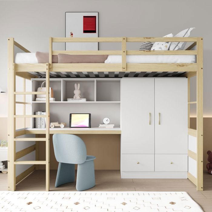Lit mezzanine 90x200 cm avec bureau rangement penderie échelle - Idéal enfant & adolescent - Couleur bois - Sans Matelas
