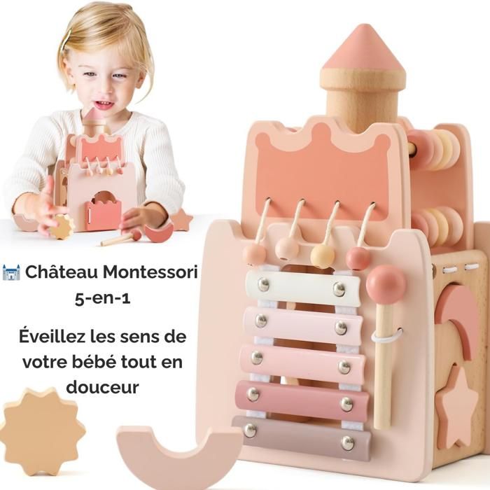 Cube De Motricité 5 En 1 Château En Bois - Jouet Montessori Bébé Avec Xylophone Et Centre D'Activité