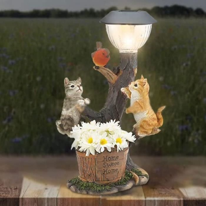 Ornement De Jardin Chat Solaire - Statue Lumineuse Résine Grise 22cm - Décoration Extérieure Mignonne