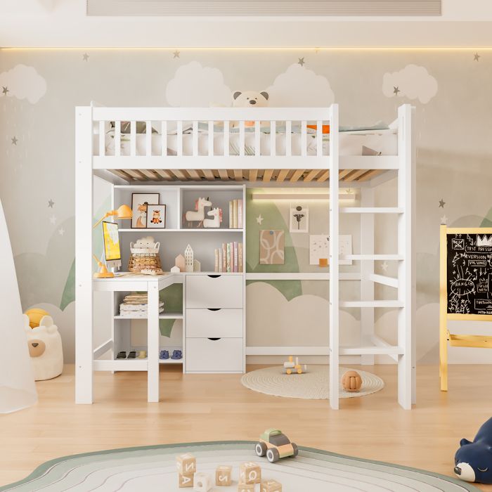 Lit mezzanine enfant - LEMONBEST - 90 x 200 cm - Avec bureau & 3 tiroirs - Pin massif - Blanc