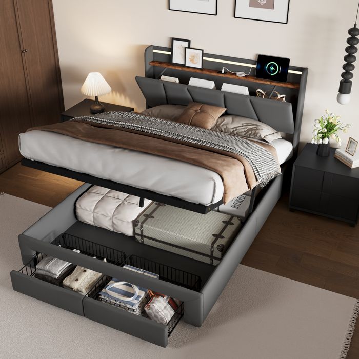 Lit Capitonné 140 x 190 cm avec 2 Tiroirs Lit Coffre avec Rangement et Tete de Lit Éclairage LED et Prise USB en Lin Gris