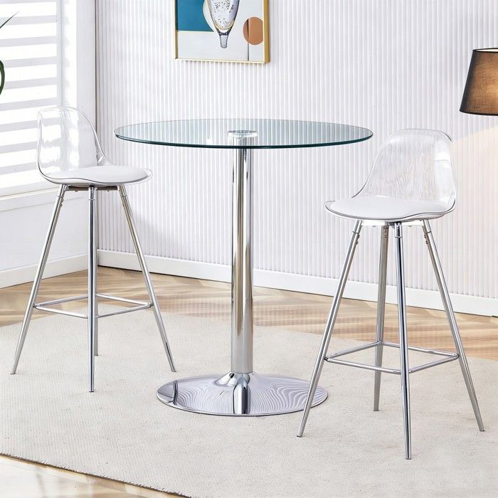 Ensemble bar modulable table ronde verre diamètre 89 cm + 2 tabourets bar pieds argentés - Transparent gain de place