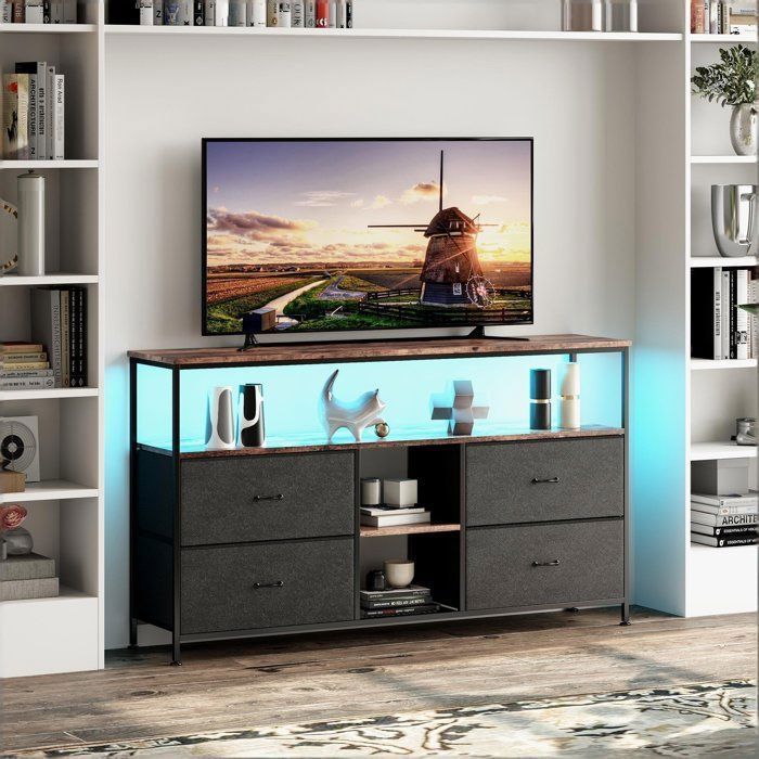 Meuble TV Meuble TV LED Meuble TV haut 4 Tiroirs en tissu étagères ouvertes 108×30×77 cm LED rangement structure acier Marron Noir