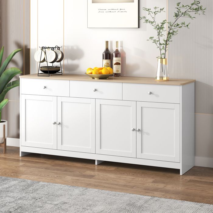 Buffet 4 portes 3 tiroirs avec plateau en placage chêne meuble de rangement pratique pour salon ou salle à manger
