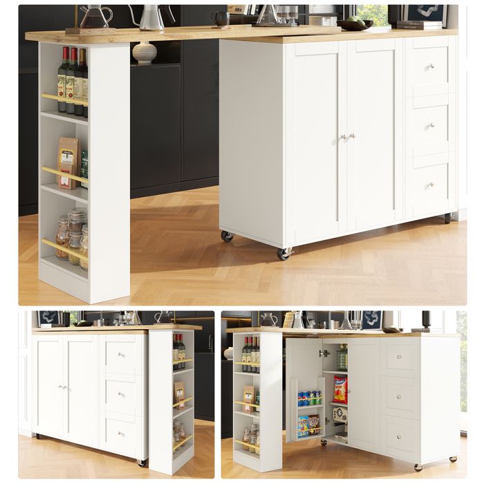 Table Haute Extensible CuisineTable à manger sur roulettesRotation 360° avec 3 tiroirs & Porte-snacks135-203×39×106cmBlanc