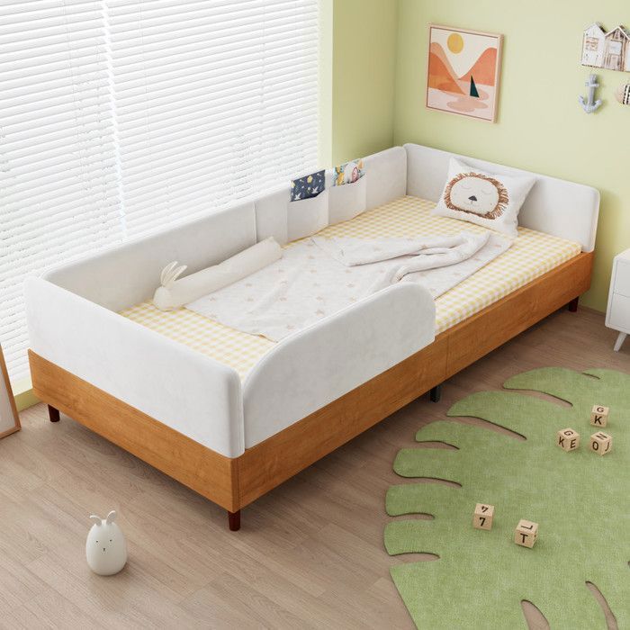 Luscriate - Lit enfant capitonné 90x200 cm - Lit simple avec barrière de sécurité et Poches de Rangement - Blanc et Naturelle