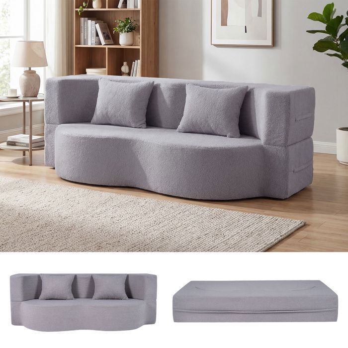 Canapé-Lit COSTWAY - 2 Places Convertible 2-en-1 Sans Montage en Tissu Teddy Polaire avec 2 Coussins Gris