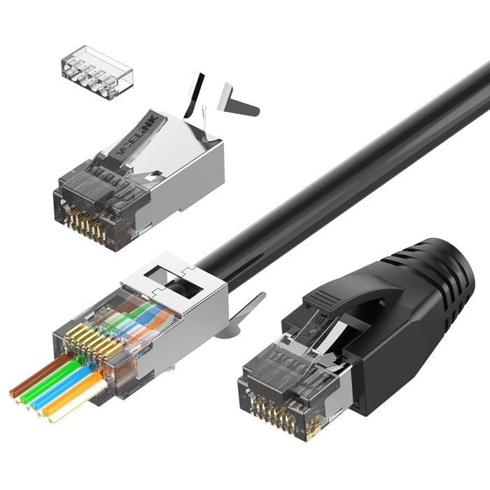 Connecteur RJ45 Cat7 Cat6A Blindé Lot de 20 Fiche Réseau Pass Through POE pour Installation Câble Ethernet avec Guide du Fil