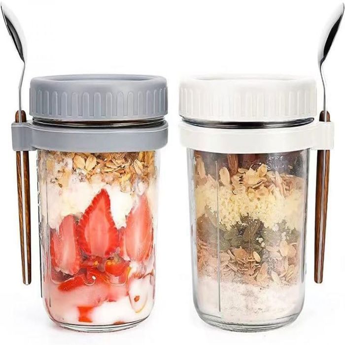 Lot de 2 pots de flocons davoine avec couvercle et cuillère-400 ml - Parfaits pour emporter des céréales du yaourt et plus