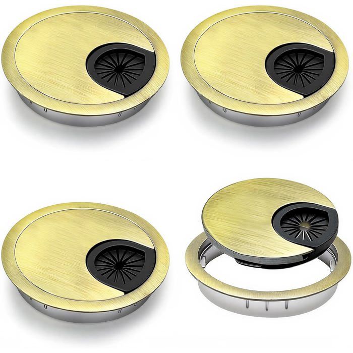 Cache-Trou Câble Rond Ø57-60 mm - 4 Pièces en Alliage Zinc Bronze - pour Bureaux Plans de Travail et Meubles TV