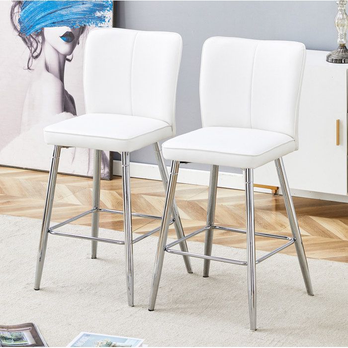 Lot de 2 Tabourets de Bar avec Dossier Ergonomique et Repose-pieds Patins Réglables en Simili Blanc et Métal
