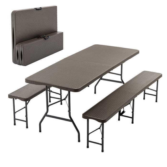 Table de Pique-Nique Pliante - Memkey - 6 ft - 2 Bancs Intégrés - Plateau HDPE Effet Bois Marron