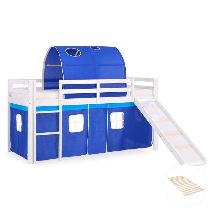 Lit mezzanine pour enfants 90 x 200 cm blanc avec rideau bleu Tunnel Toboggan Avec sommier à lattes Lit mezzanine pour enfants 90 x 200 cm blanc avec rideau bleu Tunnel Toboggan Avec sommier à lattes