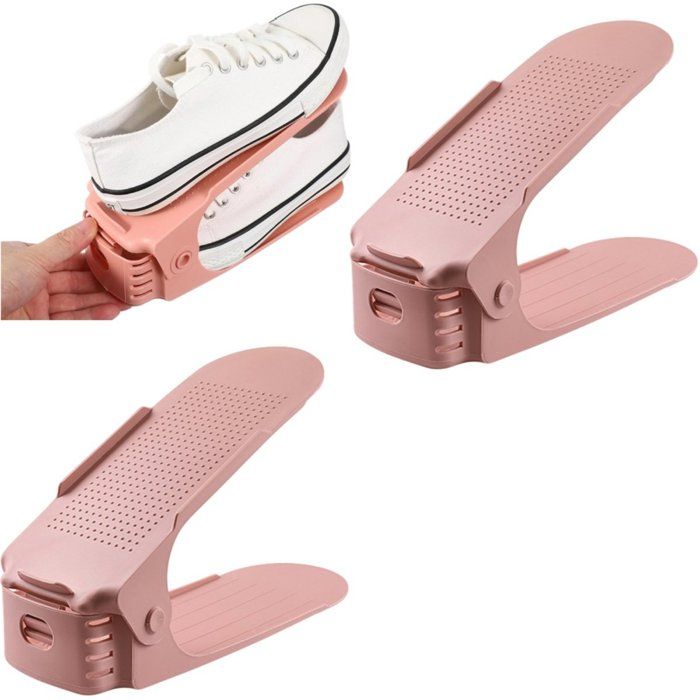 Organisateur De Chaussures Double Étage Lot De 2 Gain De Place Réglable Antidérapant 25 x 9 x 18 cm Rose