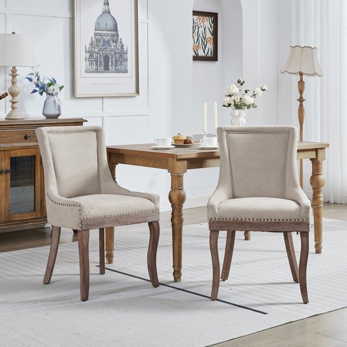 CollaHausse Lot de 2 Chaises Ultra Side Tissu Épais Beige Pieds Bois Massif et Clous Bronze