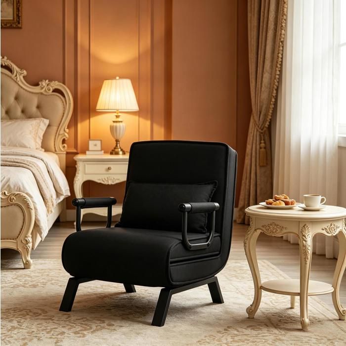 Fauteuil-lit convertible 3 en 1 noir dossier réglable 5 positions 1 place avec accoudoirs et coussin amovible