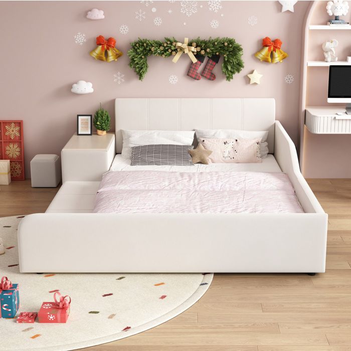ROVRYN Lit combiné enfant 140 x 200 cm avec bureau tabouret étagère velours blanc