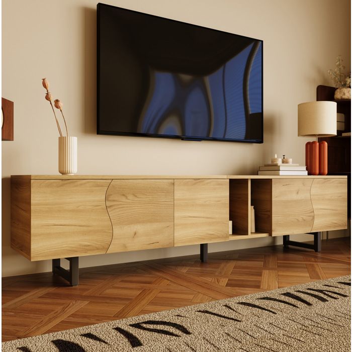 WOVREO Meuble TV 191 cm 5 portes avec niches ouvertes effet bois naturel et structure métal