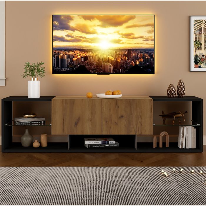 ROVRYN Meuble TV 160 x 40 x 42 cm avec LED 2 tiroirs tablette en verre noir et décor bois