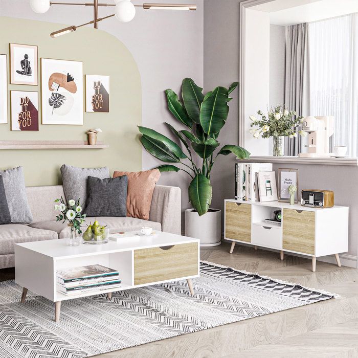 Meuble TV - PAGE LIVING - 110x40x50 cm - Blanc - Aspect bois - 2 placards tiroir et étagère