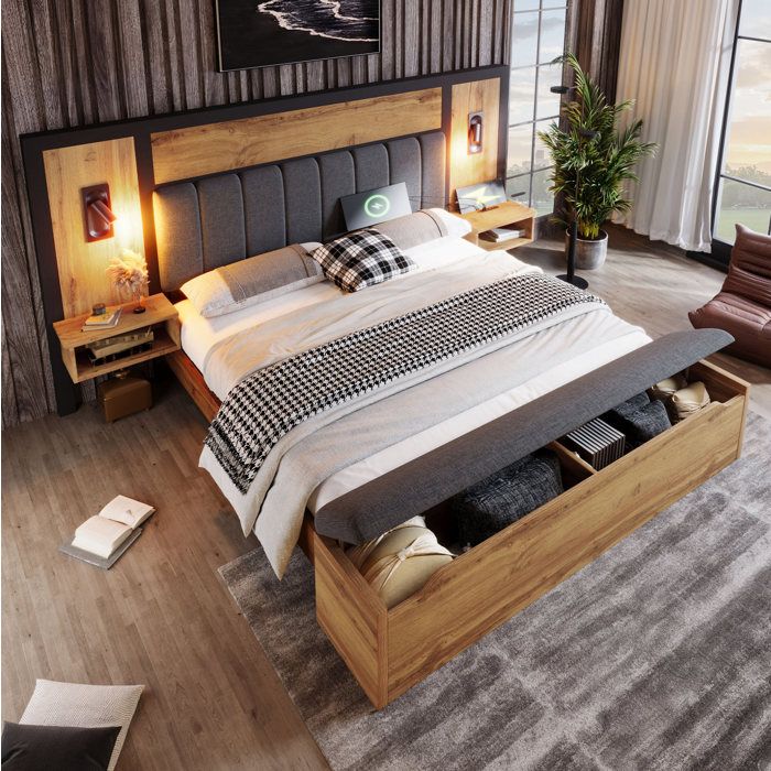 lit double 160 x 200 cm SENVIRO avec sommier à lattes lampes de lecture USB USB C banc de rangement chêne