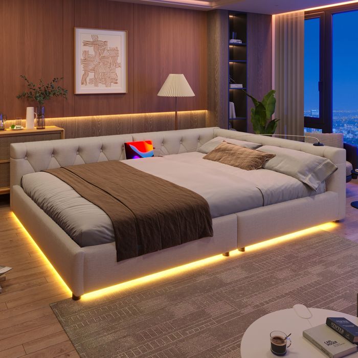 Canapé lit 140x200 beige avec dossier boutonné LED 7 couleurs USB-C et sommier
