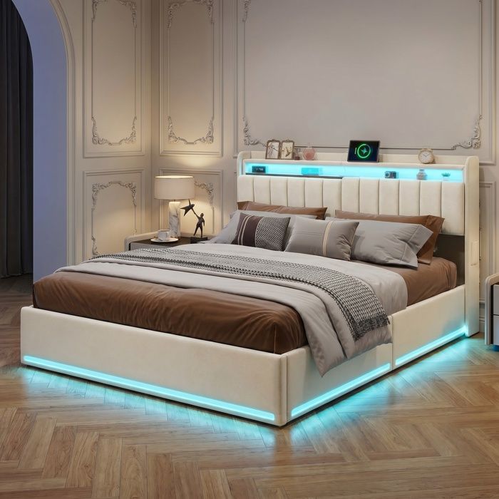 Lit 140 x 190 cm avec sommier LED et USB Lit coffre 140x190 avec tête de lit rembourrée Lit LED avec rangement Velours Beige