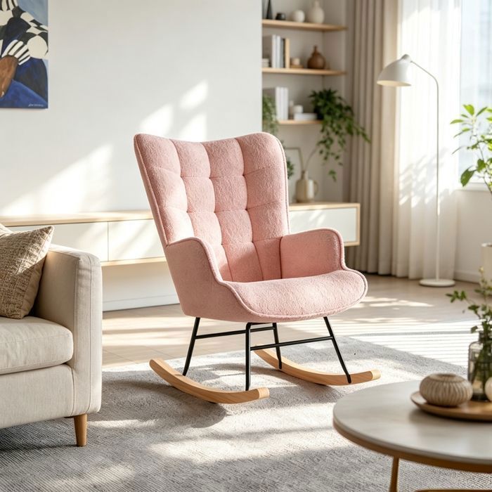 Fauteuil à Bascule - Velours Teddy - Rose - Chaise Bascule en Bois avec dossier haut et rembourré - pour Salon Chambre à Couche