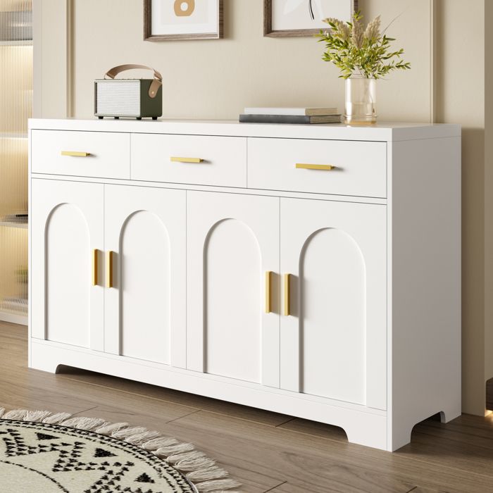 Buffet meuble de rangement - LEMLIT Bahut de Salon avec 4 Portes Cintrées 3 Tiroirs Étagères Réglables Poignées Dorées - Blanc