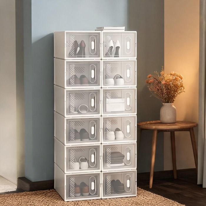 Meuble de rangement modulable empilable 12 cases en plastique transparent et blanc 50 x 35.5 x 111.5 cm