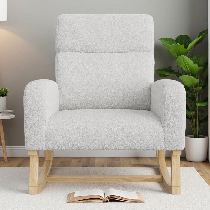 Fauteuil à bascule en tissu Velours Teddy Rocking Chair avec pieds en bois massif meuble de salon moderne gris clair pour chambre