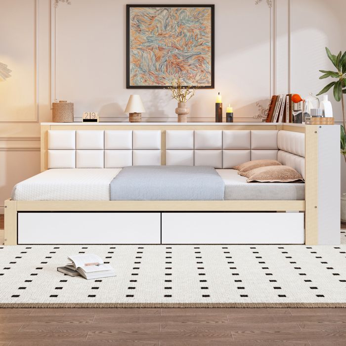 Lit combiné 140 x 200 cm AESVAR convertible canapé-lit avec dossier souple et 2 tiroirs pin bois naturel et blanc