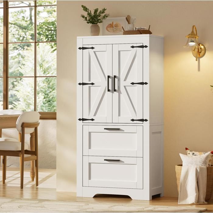 MEULVA Buffet de cuisine style campagne blanc 2 portes 2 tiroirs étagères réglables MDF 60 x 30 x 128 cm