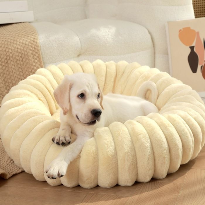 Panier pour chien et chat en peluche douce couleur beige diamètre 50 cm rembourrage coton PP nid confortable pour sommeil profond