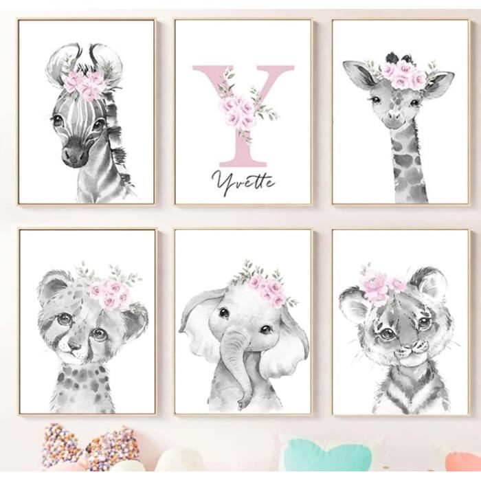 Affiche Personnalisée Bébé - 3 Toiles Prénom Avec Girafe, Lion, Fleurs - Déco Chambre Enfant 30x40cm