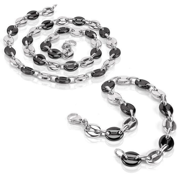 Parure Homme Chaîne & Bracelet Acier Or Fin Grains De Café - Longueur 60cm - Neuf étiqueté