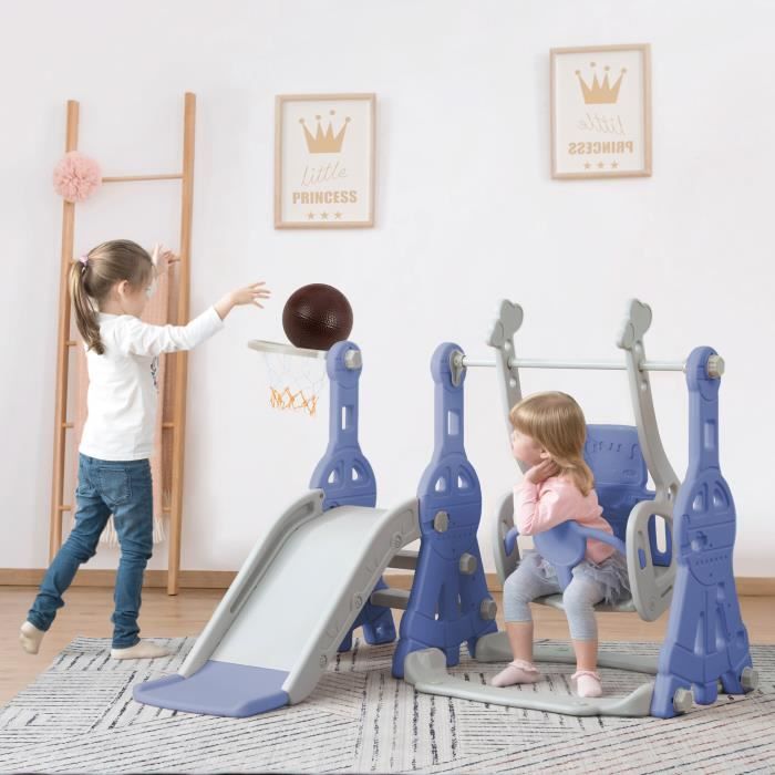 Aire de Jeux Enfant en HDPE - Toboggan, Balançoire avec Siège Bébé et Cadre de Basket-Ball - Bleu