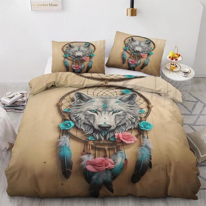 Housse de Couette - Loup - Parure de Lit Reversible Motif Attrape Rêves - Microfibre Douce - 160x200 - 2 Taies