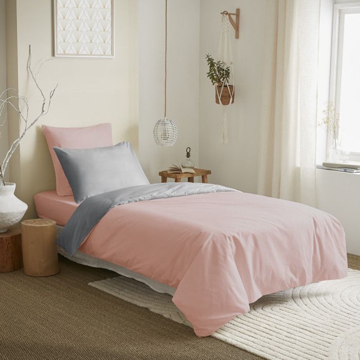 Pack complet 4 pièces Rose/Gris housse de couette pour lit 90 x 190 cm