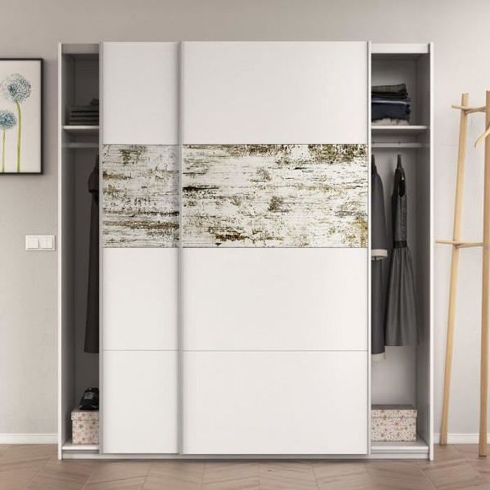 Armoire 2 portes coulissantes Blanc/Bois blanchi COPIST Blanc
