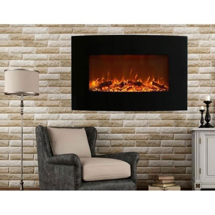 BREAKLING Cheminee electrique murale 2000W galb&eacute;e noire effet feu de cheminee LED chauffage 2000W T&eacute;l&eacute;commande 