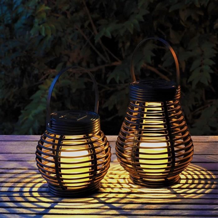 Lampe Solaire Lanterne - MARSEE - Set de 2 - Rotin Brun Foncé - Eclairage LED - Utilisation Extérieure